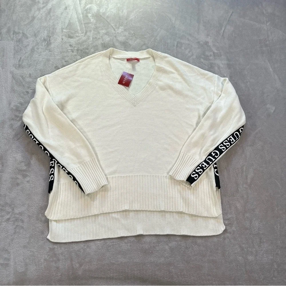 Guess NEW Sweater  XL White New V-Neck Knit Athleisur Streetwear Oversized Fall